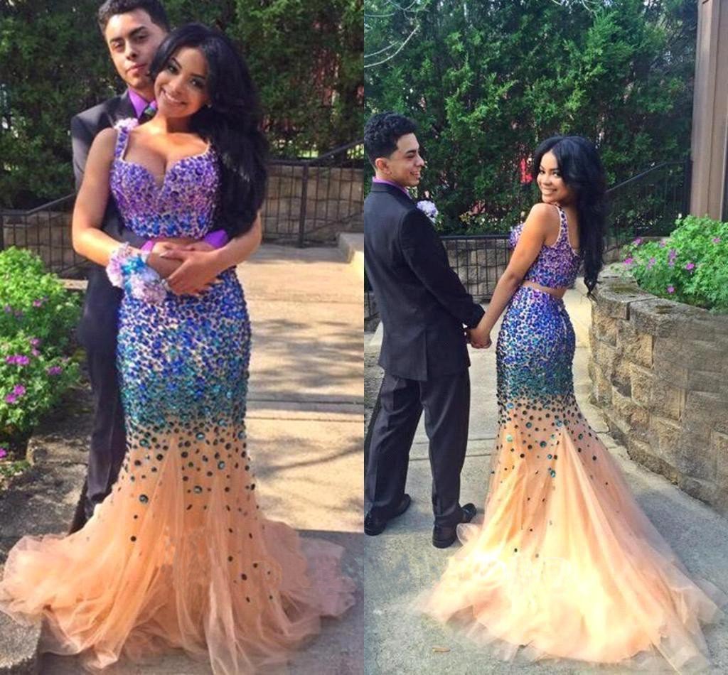 Sexy Elegant Mermaid Tulle Crystals Two Pieces V-Neck Luxurious Long Prom Dresses RS448