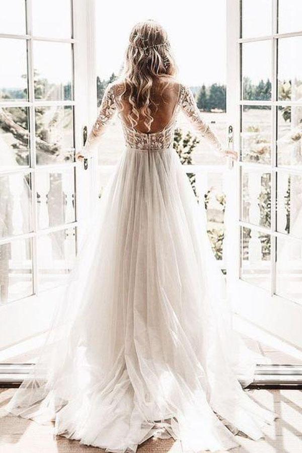 A Line Long Sleeve Deep V Neck Tulle Open Back Lace Appliques Wedding Dresses RS144