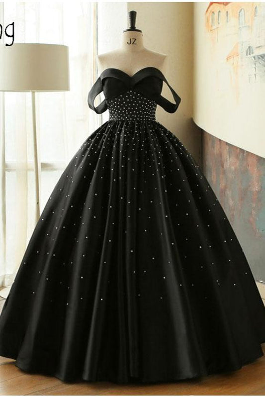Ball Gown Black Sweetheart Off the Shoulder Satin Beading Prom Quinceanera Dresses RS67