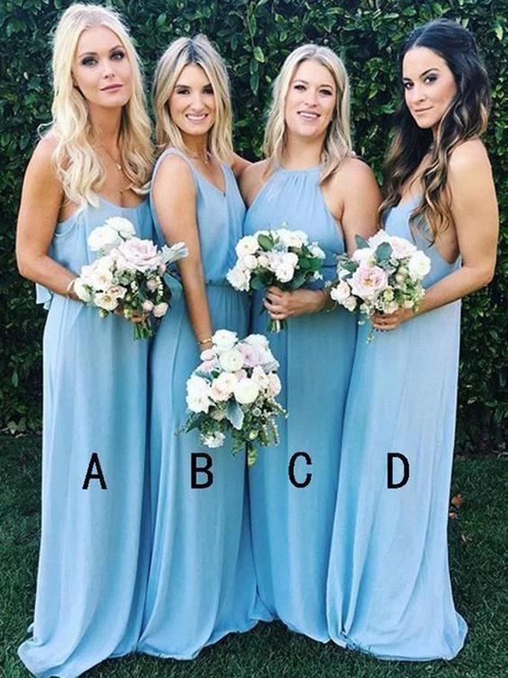 Elegant A Line Sky Blue Mismatched Bridesmaid Dresses Chiffon Long Prom Dresses SRS15152