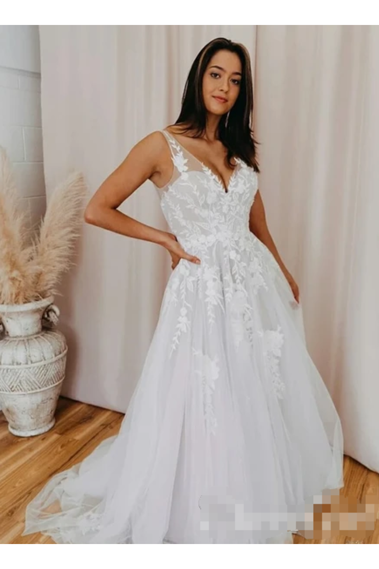 Romantic V Neckline Backless Wedding Dress Appliqued Ball Gown Bridal SRSPSMCZA6Q