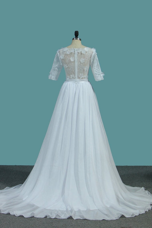 2024 Wedding Dresses A Line Scoop With Sash And Handmade Flower Court Train