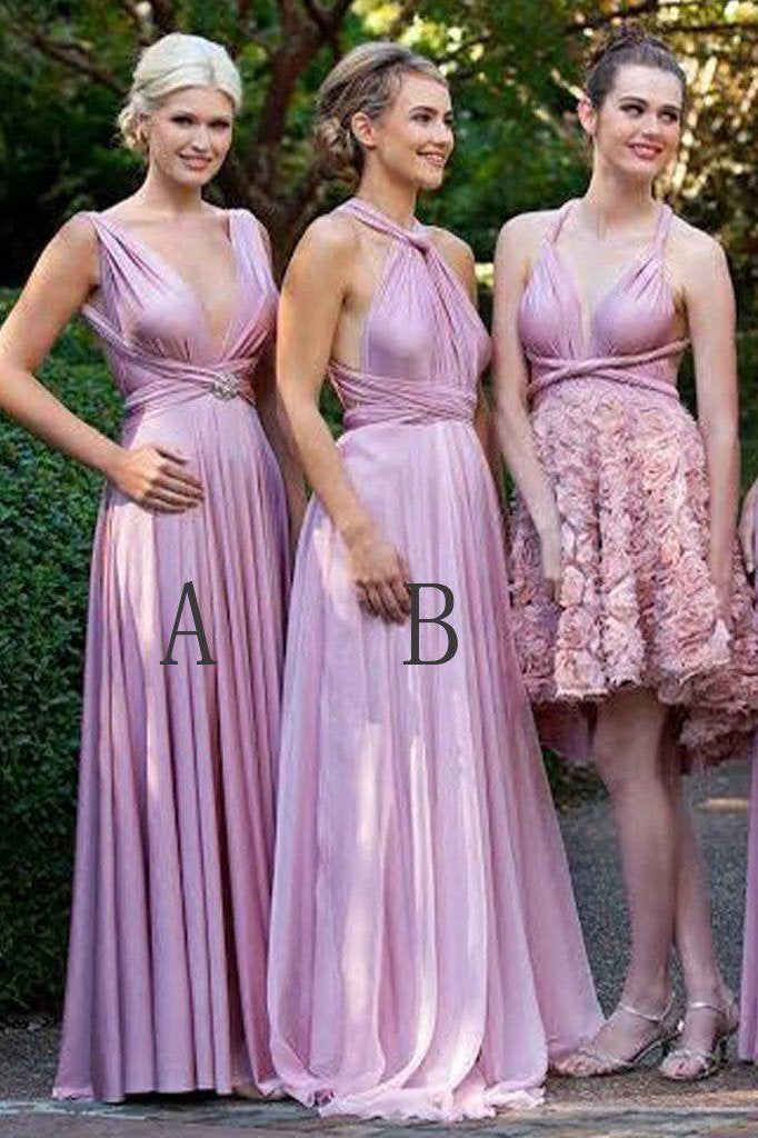 Charming Lilac A-Line V-Neck Floor-Length Convertible Bridesmaid Dresses, Prom Dresses SRS15102