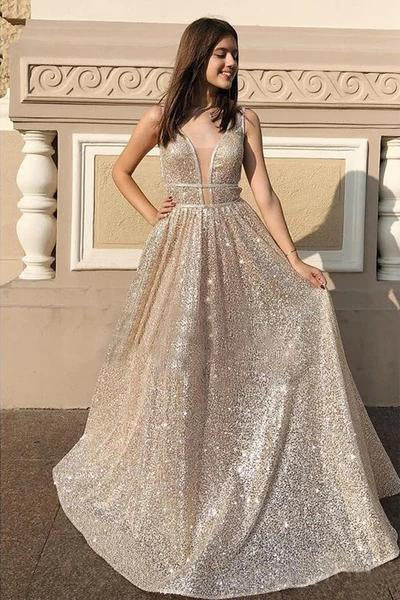 Modest Sparkly A Line Champagne V Neck Long Prom Dresses, Evening Dresses SRS15269