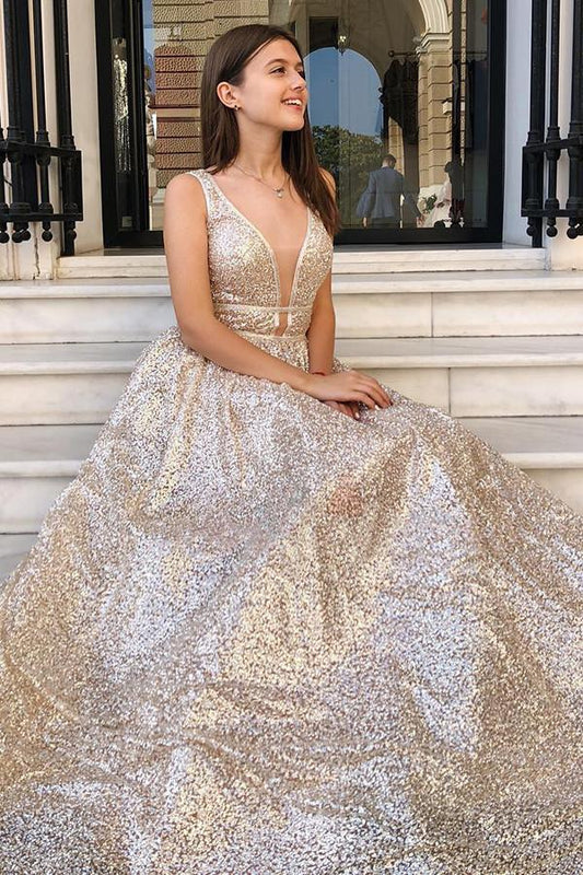 Modest Sparkly A Line Champagne V Neck Long Prom Dresses, Evening Dresses SRS15269