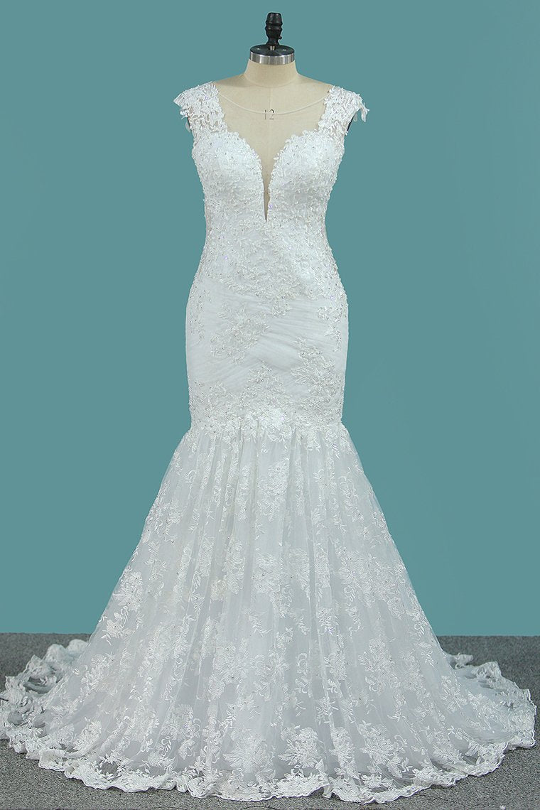 2024 Wedding Dresses Straps Mermaid Tulle With Applique Sweep Train