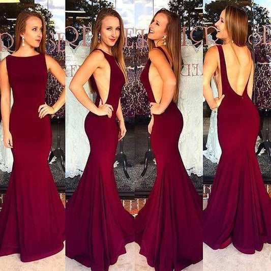 Red Backless Bateau Neck Mermaid Stretch Satin Prom Dresses 2024 Prom Dresses RS669