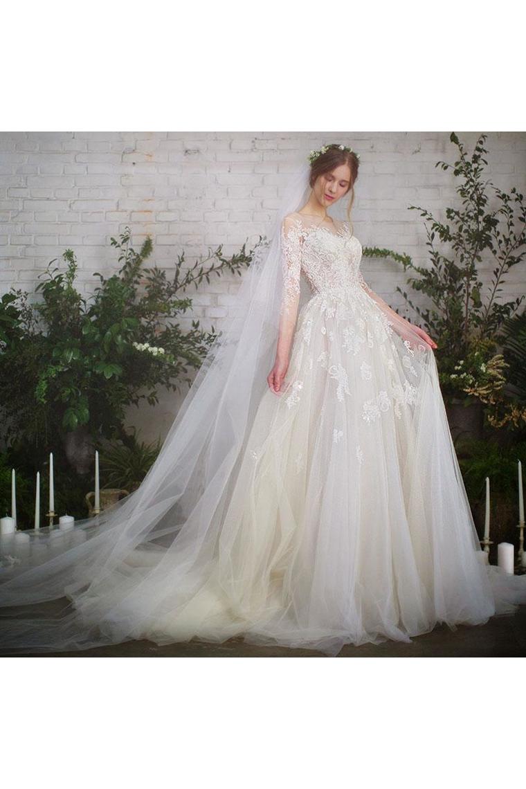 Romantic 3/4 Sleeves Illusion Neckline Appliques Wedding SRSPEG4NEPJ