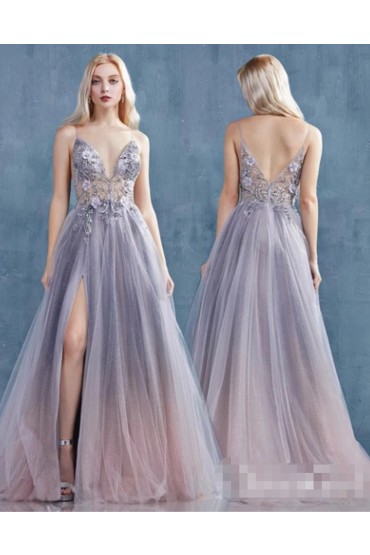 See Through Jeweled Glitter A-Line Prom Dress With High Slit Deep V Neck Long Formal SRSPX9EQ898