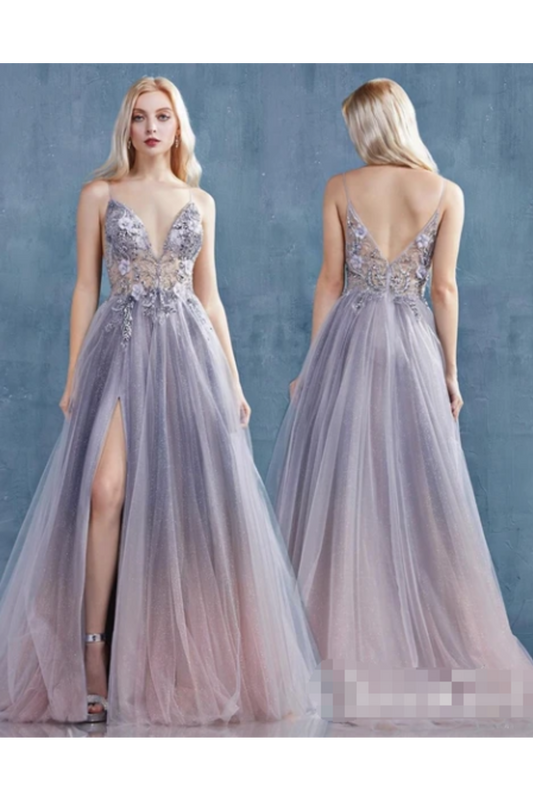 See Through Jeweled Glitter A-Line Prom Dress With High Slit Deep V Neck Long Formal SRSPX9EQ898