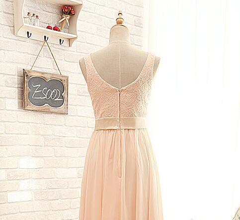 Blush Pink Lace Chiffon Scoop Sleeveless A-Line Zipper Floor-Length Long Bridesmaid Dresses RS34