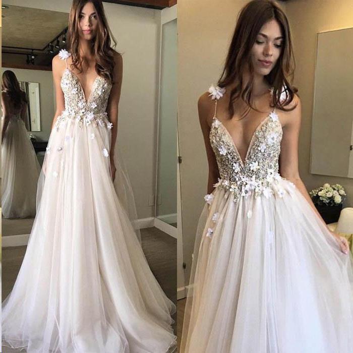 Sexy Spaghetti Straps V Neck A Line Tulle Ivory Backless Prom Dresses Wedding Dresses RS28