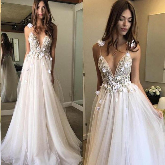 Sexy Spaghetti Straps V Neck A Line Tulle Ivory Backless Prom Dresses Wedding Dresses RS28