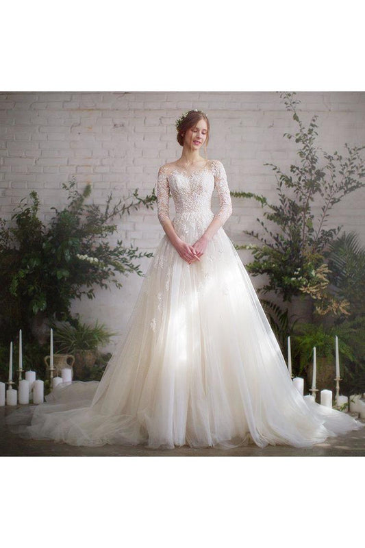 Romantic 3/4 Sleeves Illusion Neckline Appliques Wedding SRSPEG4NEPJ