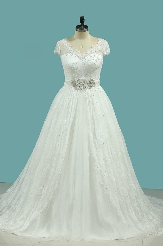 2024 Wedding Dresses A Line V Neck Lace & Tulle With Sash Sweep Train