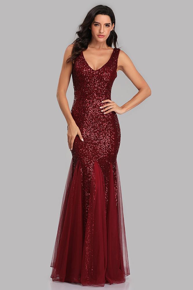 Sexy Burgundy Tulle V Neck Mermaid Sequin Prom Dresses, Evening Party Dresses SRS15332