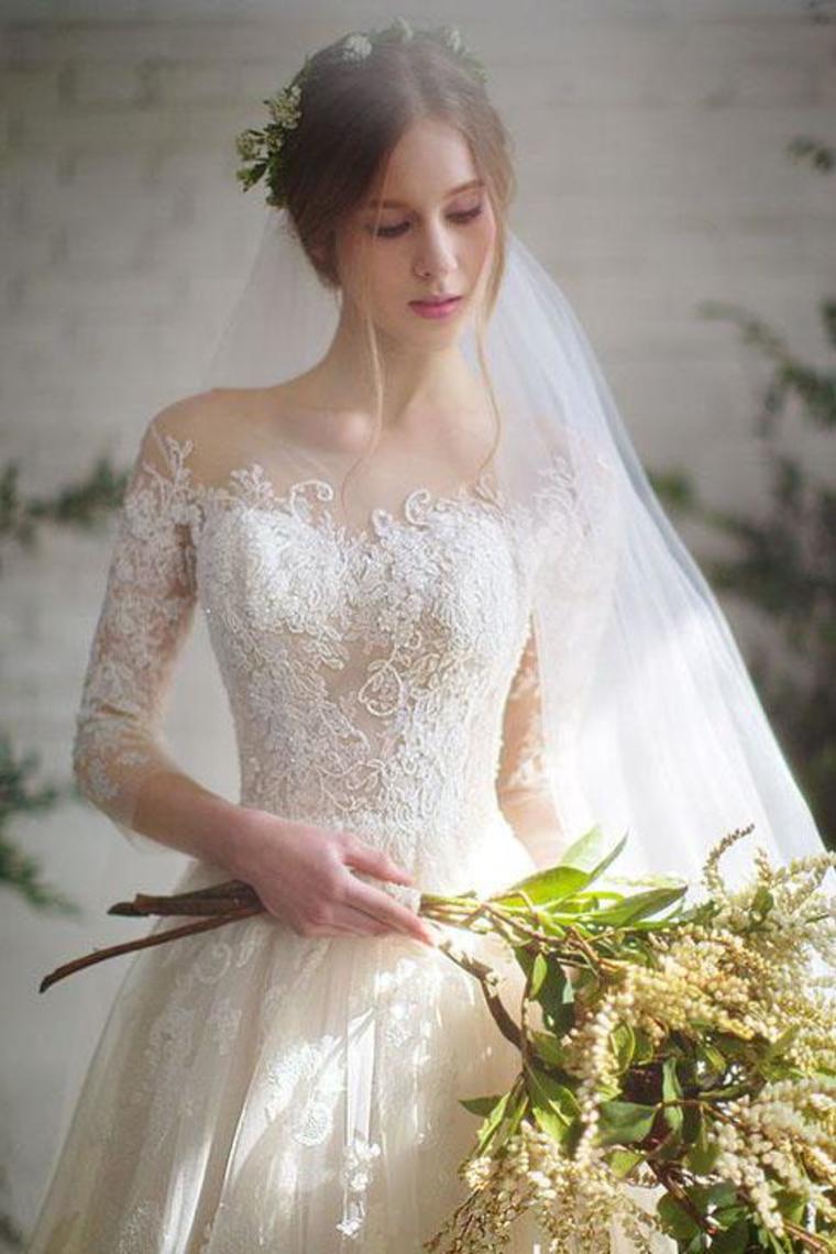 Romantic 3/4 Sleeves Illusion Neckline Appliques Wedding SRSPEG4NEPJ