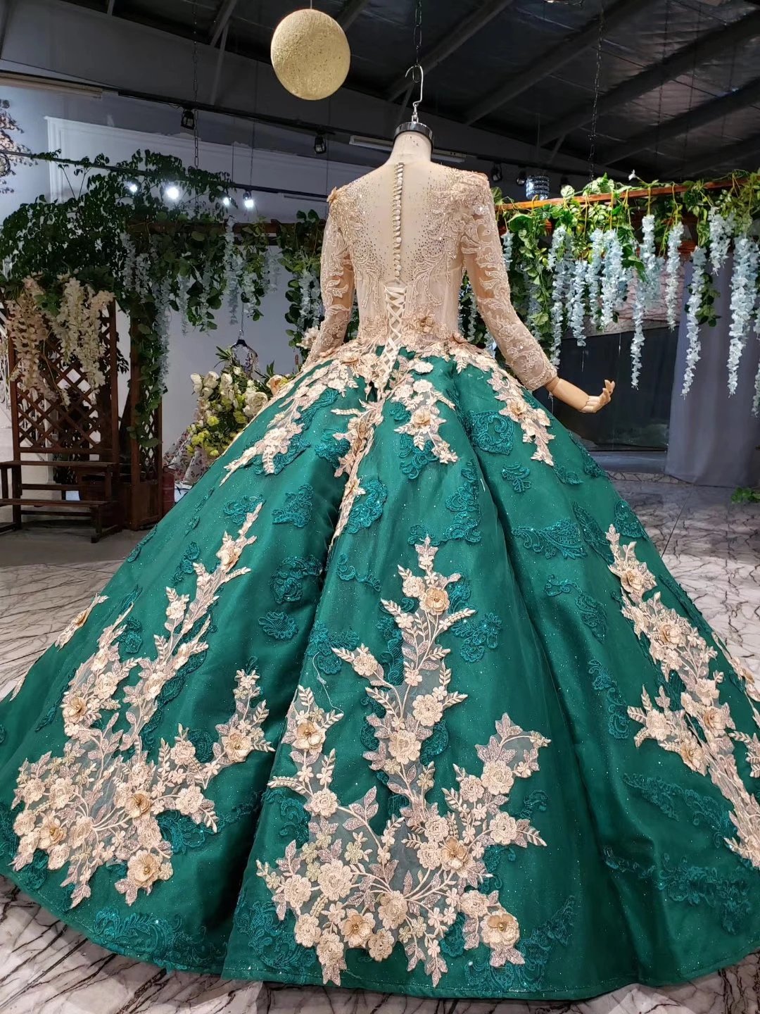 Ball Gown Long Sleeve Satin Beads Prom Dresses, Quinceanera Dresses with Appliques SRS15059