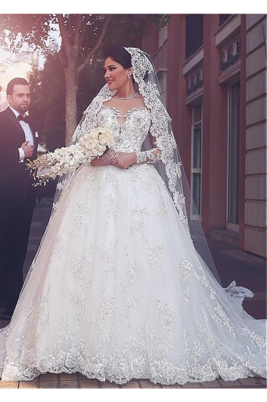 A Line Round Neck Tulle Wedding Dresses With Appliques Wedding SRSPYP3F2BA
