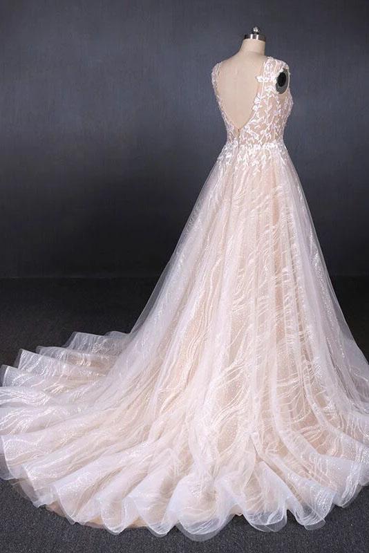 Puffy Lace Off White Wedding Dresses, Elegant A Line Backless Bridal Dresses SRS15311