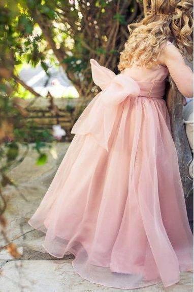 Cute Pink Tulle Flower Girl Dresses with Sash Floor Length, Round Neck Child Dresses SRS15575