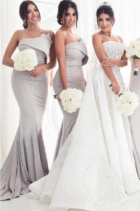 Strapless Silver Mermaid Elegant Long Sleeveless Prom Dresses Bridesmaid Dresses RS64