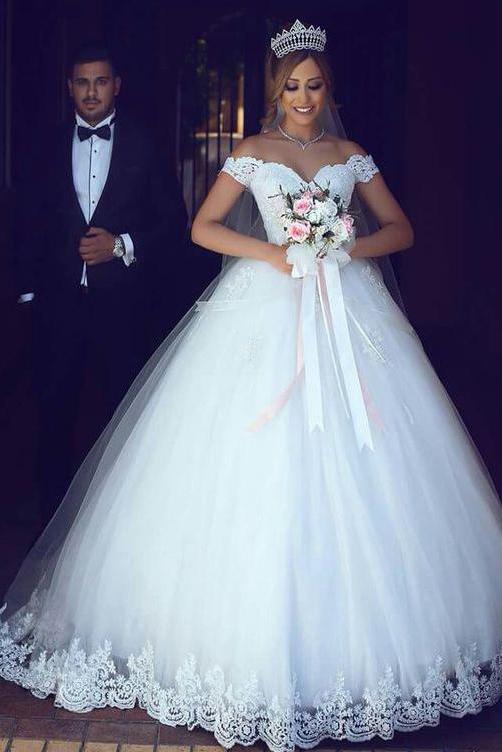 Sexy Ball Gown Off the Shoulder Sweetheart Ivory Tulle Lace Appliques Wedding Dresses RS23