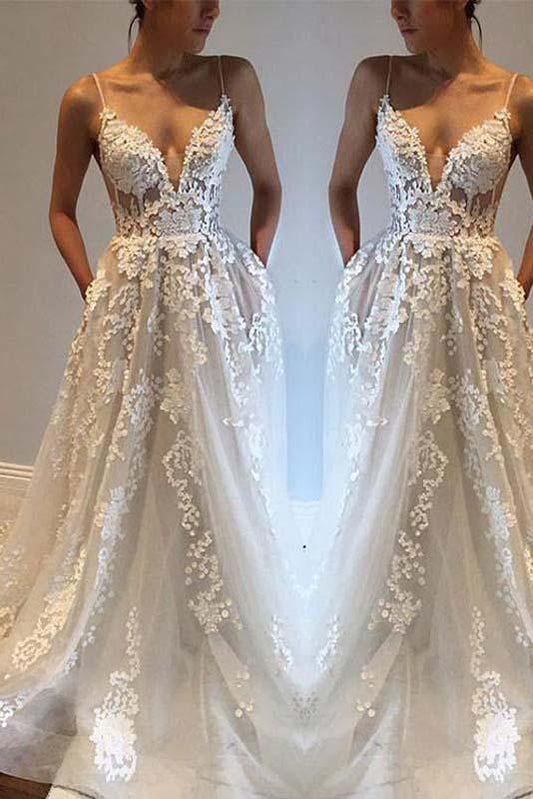 A Line Spaghetti Straps Deep V Neck Ivory with Pockets Tulle Open Back Wedding Dresses RS110