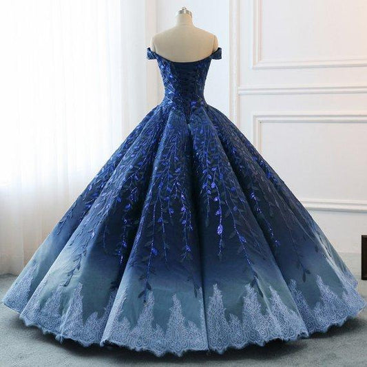 Ball Gown Navy Blue Lace Applique Ombre Off the Shoulder Princess Quinceanera Dresse RS269