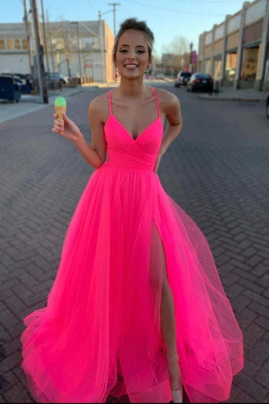 Modest Tulle V Neck Spaghetti Straps Pink Long Prom Dresses with SRS15656