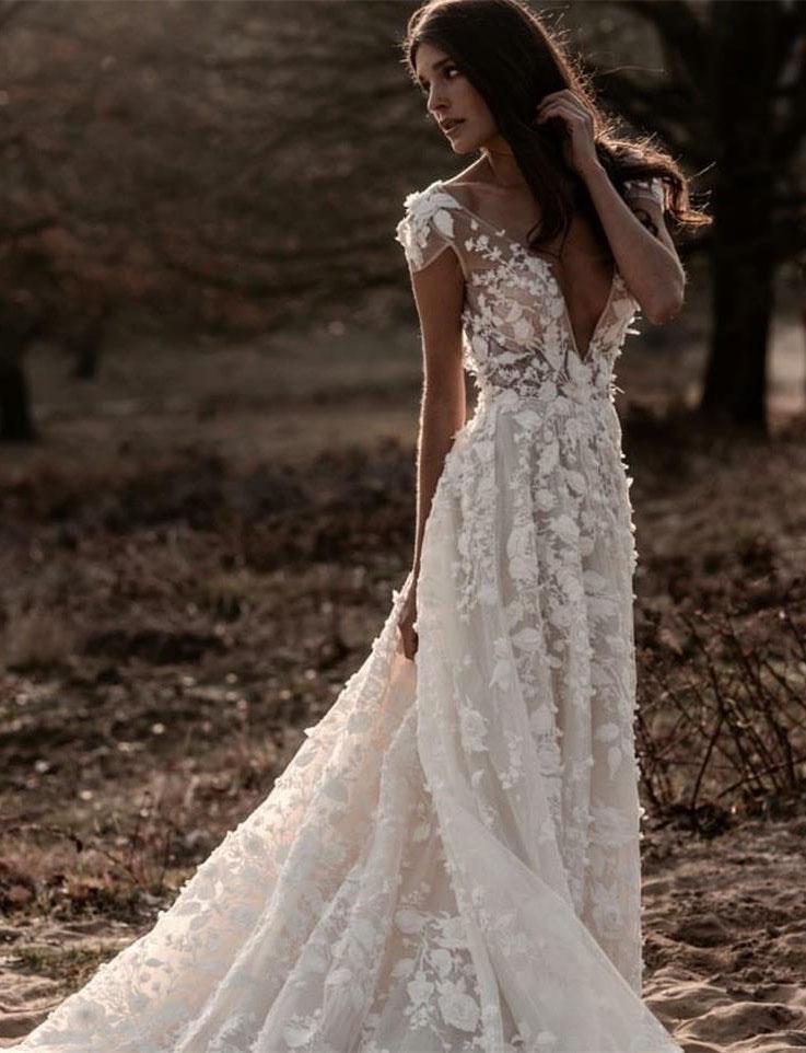 A Line Ivory V Neck Country Wedding Dresses with Appliques, Beach Wedding Gowns SRS15548