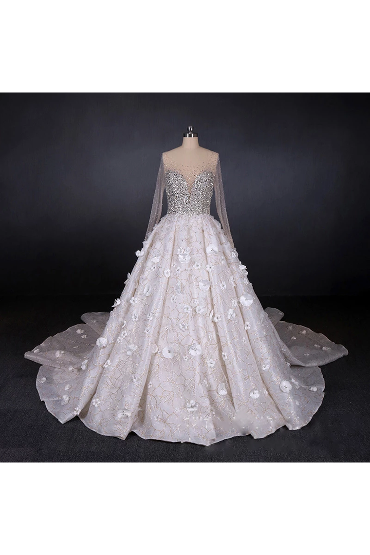 Gorgeous Long Sleeves Flowers Ball Gown Wedding Dress With Sequin Beaded
