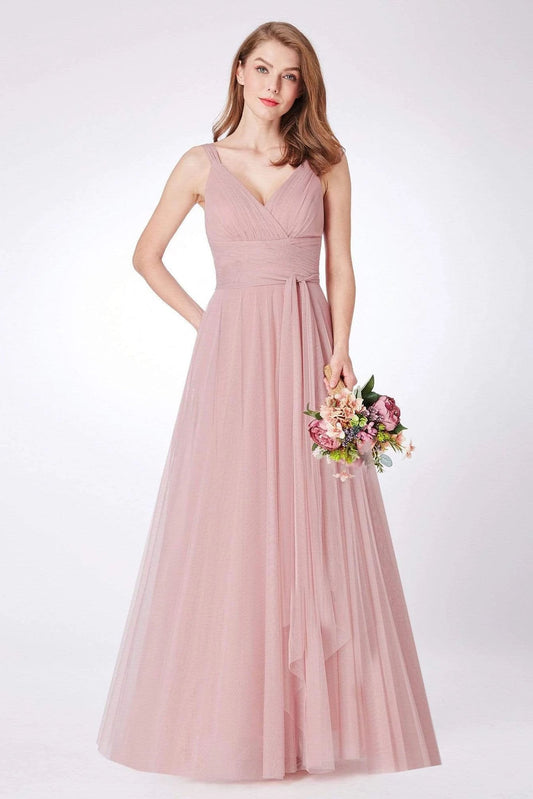 Simple A Line Pink V Neck Tulle Sleeveless Prom Dresses Long Bridesmaid Dresses SRS15383