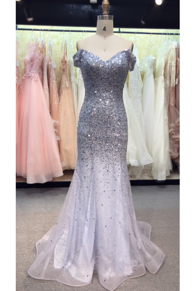 Prom Dress Off The Shoulder Sweep Train Mermaid Tulle Beads&Sequins
