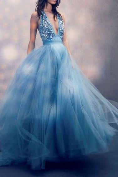 Sexy A Line Deep V Neck Tulle Prom Dresses with Sequins, Long Formal Dresses SRS15326
