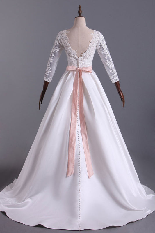 2024 Open Back Scoop With Applique And Sash A Line Satin Wedding Dresses