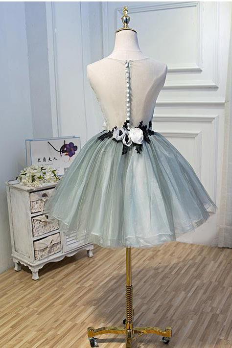 Luxury Waist Flowers See Through Backside Lolita Dress, Short Tulle Homecoming Dresses SRS14980
