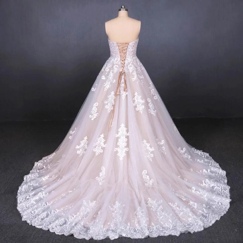 Ball Gown Strapless Wedding Dresses with Lace Applique, Lace Up Bridal Dress SRS15071