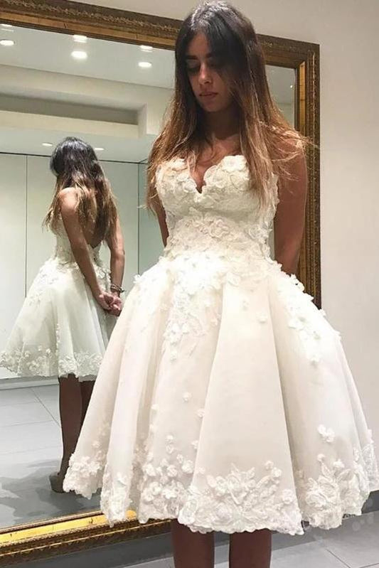 A Line V Neck Ivory Appliques Beads Homecoming Dresses Short Wedding Dresses SRS15041