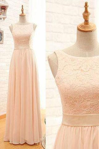 Blush Pink Lace Chiffon Scoop Sleeveless A-Line Zipper Floor-Length Long Bridesmaid Dresses RS34