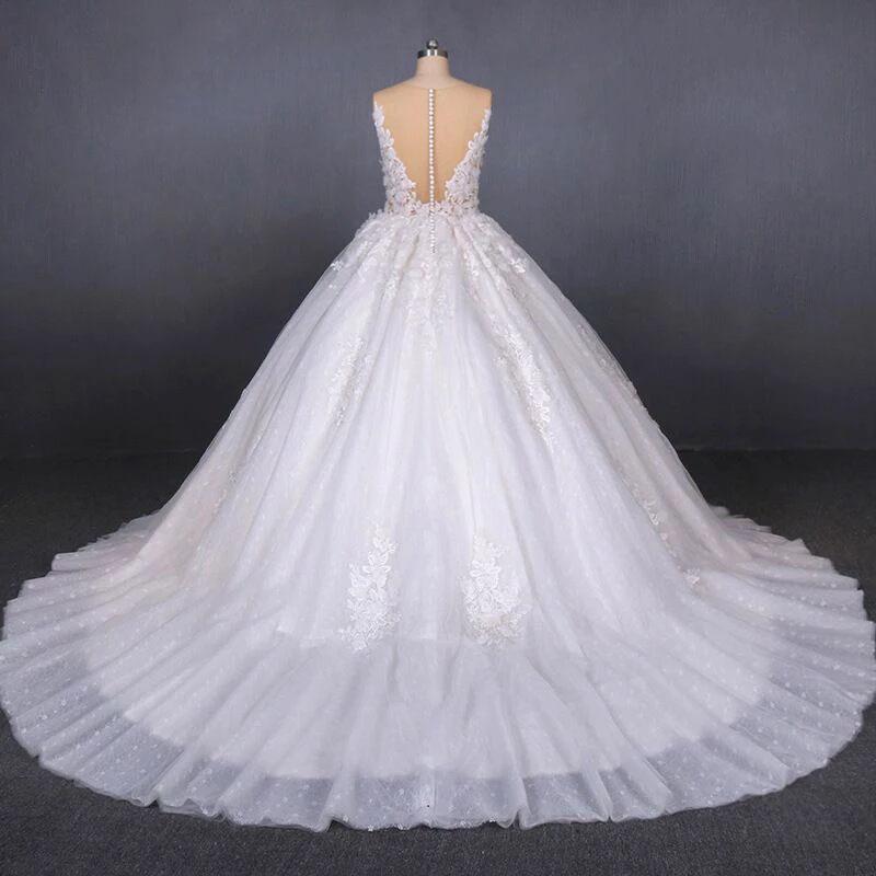 Princess Ball Gown Sheer Neck White Wedding Dresses Lace Appliqued Bridal Dresses SRS15293