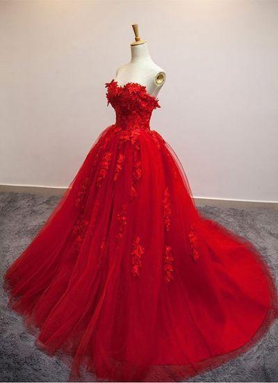 Red Ball Gown Tulle Strapless Generous Floral Fashion Quinceanera Prom Dresses RS548