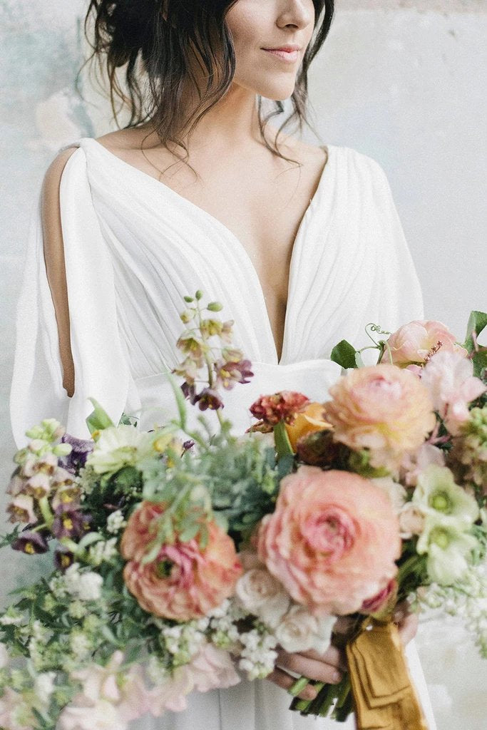 Simple A Line Ivory Chiffon V neck Wedding Dresses, Half Sleeves Long Wedding Gowns SRS15381