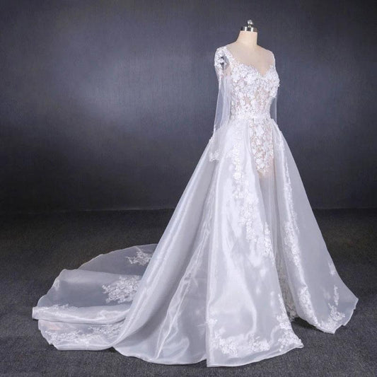 Long Sleeve Sweetheart White Bridal Dresses with Applique, Wedding Dresses SRS15250