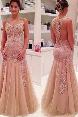 Sexy Mermaid V Neck Champagne Backless Long Prom Dresses RS645