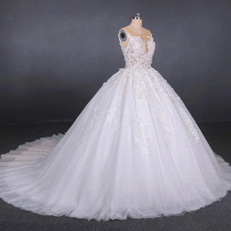 Princess Ball Gown Sheer Neck White Wedding Dresses Lace Appliqued Bridal Dresses SRS15293