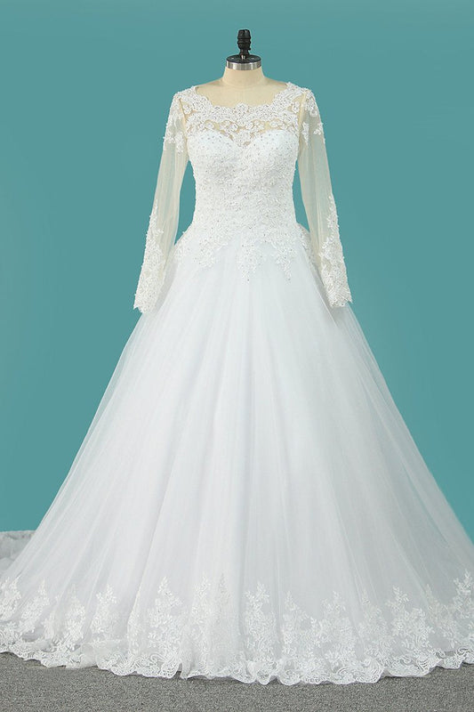 2024 Wedding Dresses Scoop Long Sleeves A Line Tulle With Applique