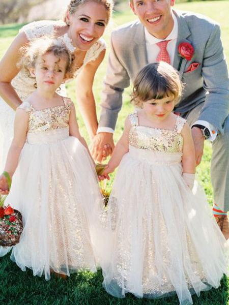 Cute Glitter A Line Gold Sequins Tulle Flower Girl Dresses, Little Girl Dresses SRS15573
