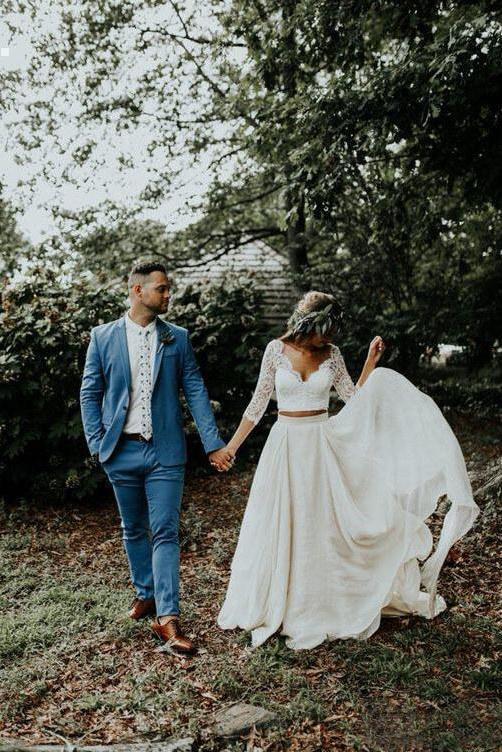 3/4 Sleeve Lace Ivory Chiffon Wedding Dresses Cheap Two Piece Beach Bridal Dresses RS813