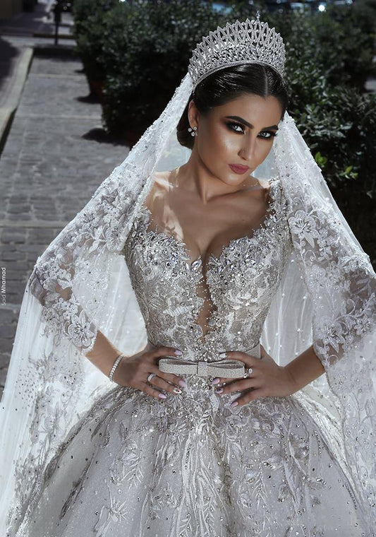 Sexy Ball Gown Sweetheart Long Sleeve Lace Appliques Tulle Long Wedding Dresses RS70